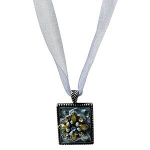 Handcrafted Rectangular Pendant Necklace Floral Design Blue Accents Satin Ribbon